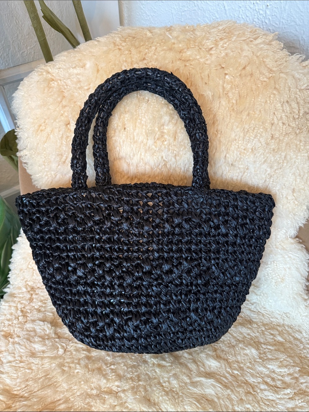 Vintage Black Woven Straw Tote Handbag